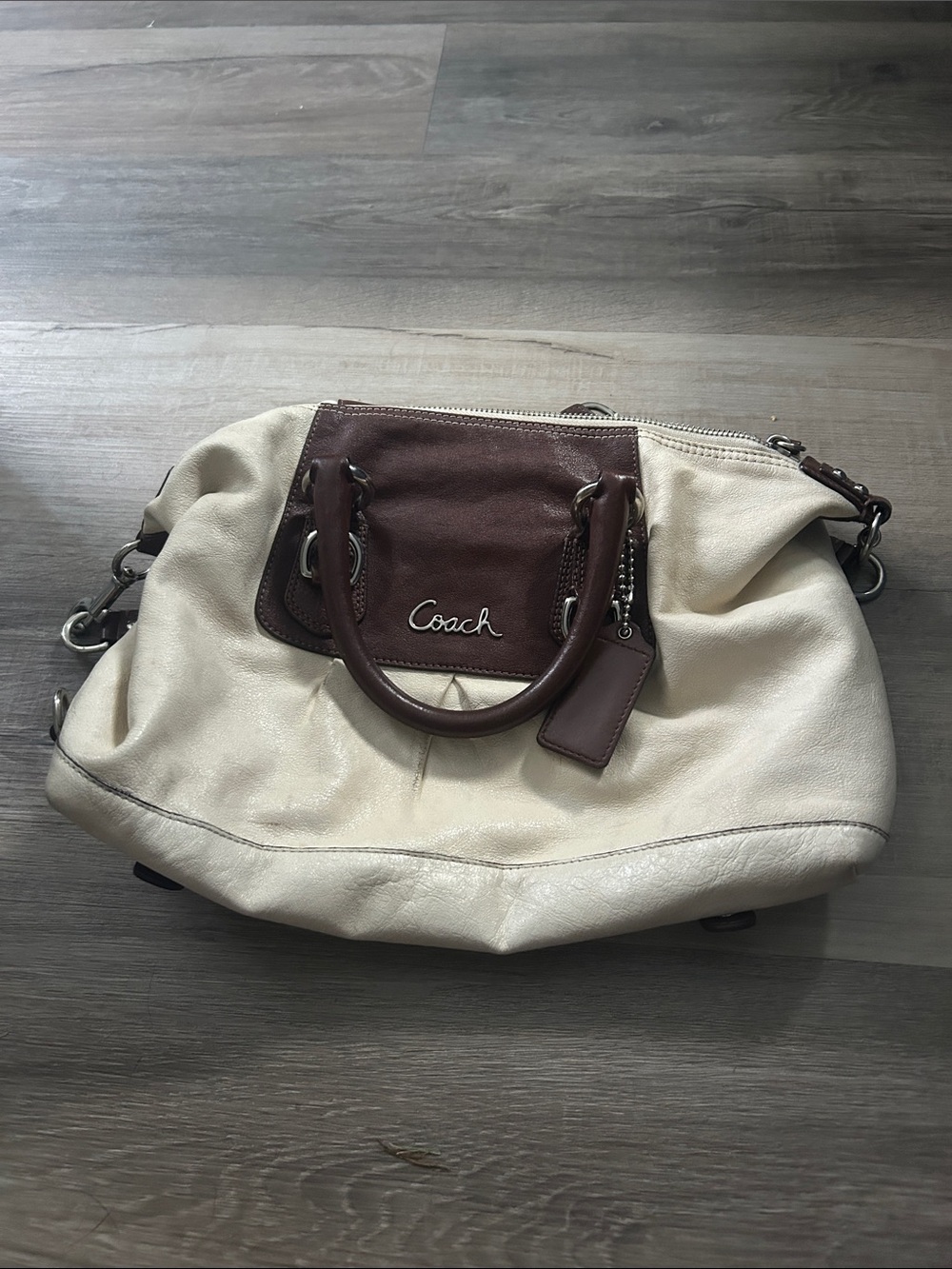 Coach Two-Tone Cream and Brown Leather Satchel with Front Pocket